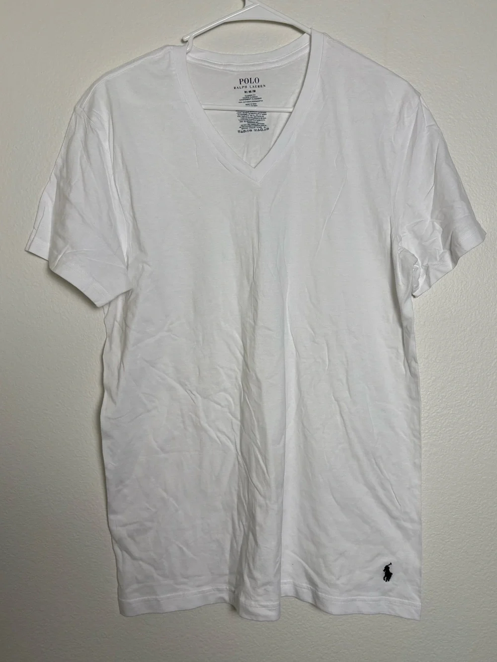 Polo by Ralph Lauren White V-Neck Tee with Navy Pony Accent Mens Size Medium